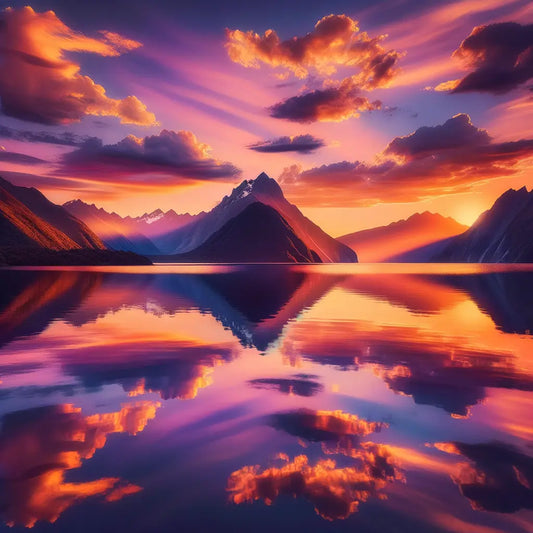 A picturesque sunset view over a lake with mountains in the background.