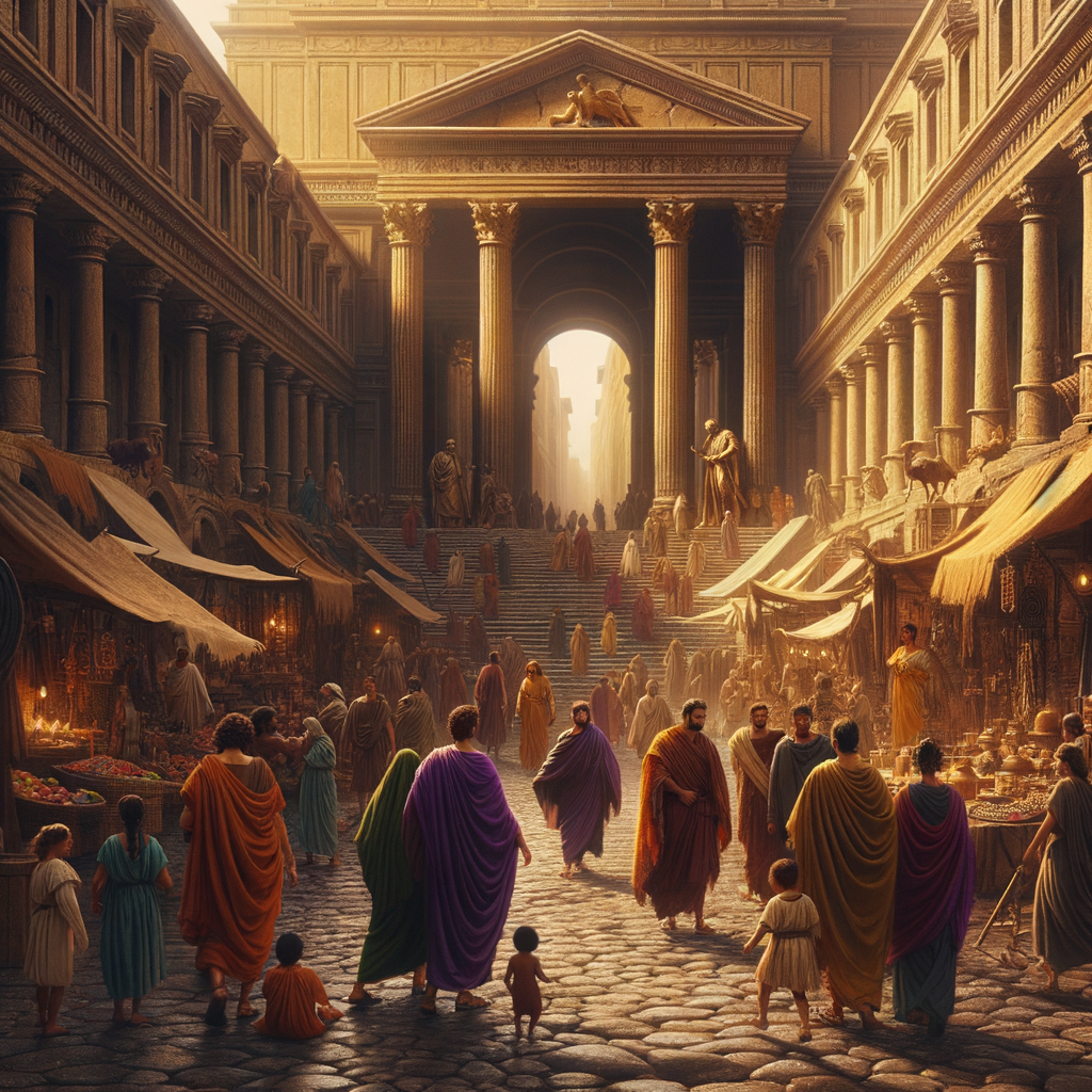 Bustling ancient Roman street with people in colorful garments and market stalls against a backdrop of Roman architecture, styled like a 1960 historical epic film.