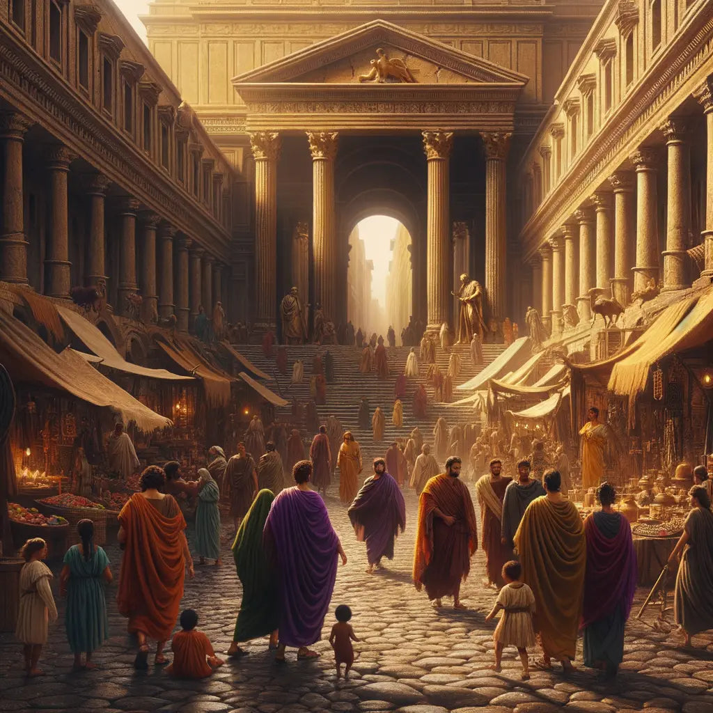 Bustling ancient Roman street with people in colorful garments and market stalls against a backdrop of Roman architecture, styled like a 1960 historical epic film.
