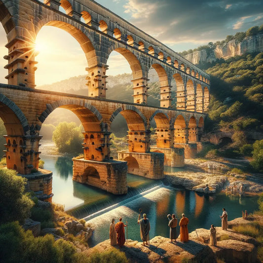 Pont du Gard aqueduct over the Gardon River, captured in a cinematic style with Roman engineers surveying.