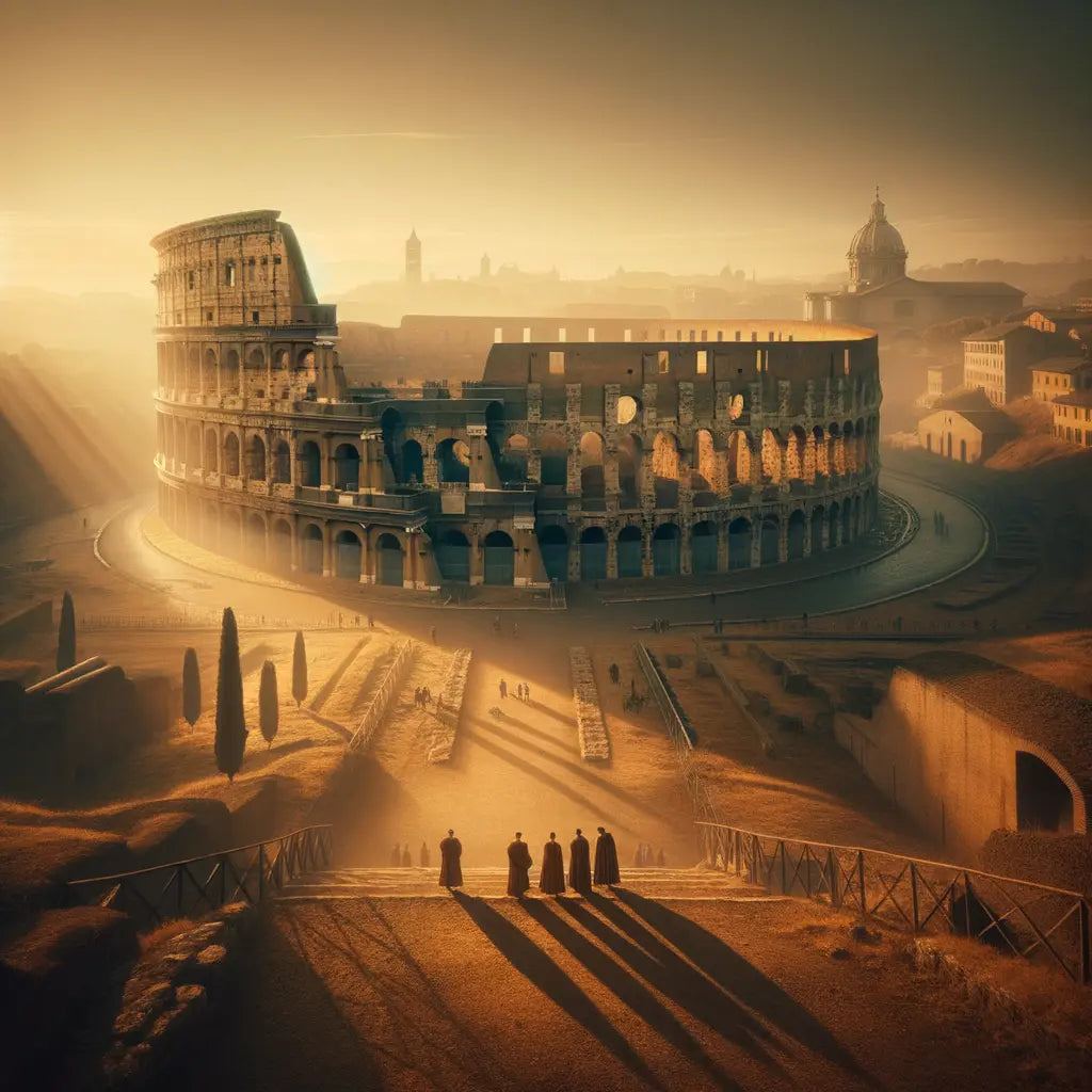 Serene view of the Colosseum at sunrise with few visitors, styled like a 1960s historical film epic.