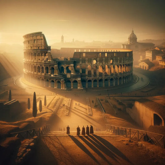 Serene view of the Colosseum at sunrise with few visitors, styled like a 1960s historical film epic.