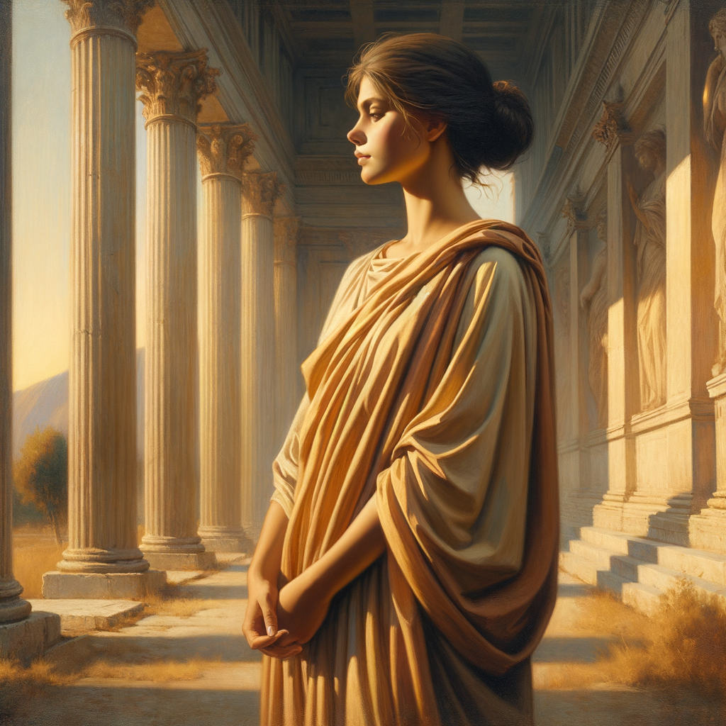 A serene Roman woman in a toga, evoking peace and wisdom, stands gracefully before a marble columned forum, in a style reminiscent of 1960s historical epics.
