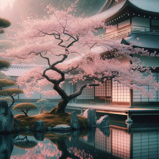 A cherry blossom tree in a Japanese garden during spring.