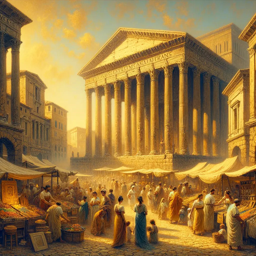 Bustling ancient Roman street with citizens in togas near temples and market stalls, in style of classic 1960s historical films.