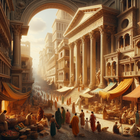 A vibrant Roman street scene with citizens in colorful togas, set against classic Roman architecture, inspired by 1960s historical epic films.