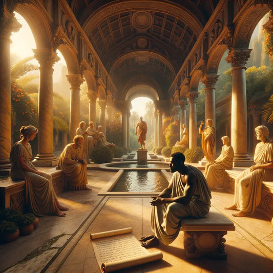 A Roman philosopher in a serene garden, embodying Stoic philosophy, set in a 1960s historical epic style.