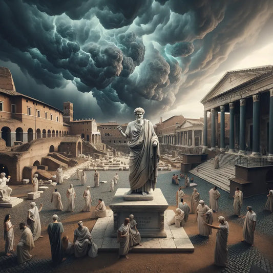 A stoic Roman philosopher stands calm under a stormy sky in the Roman Forum, symbolizing resilience in chaos.