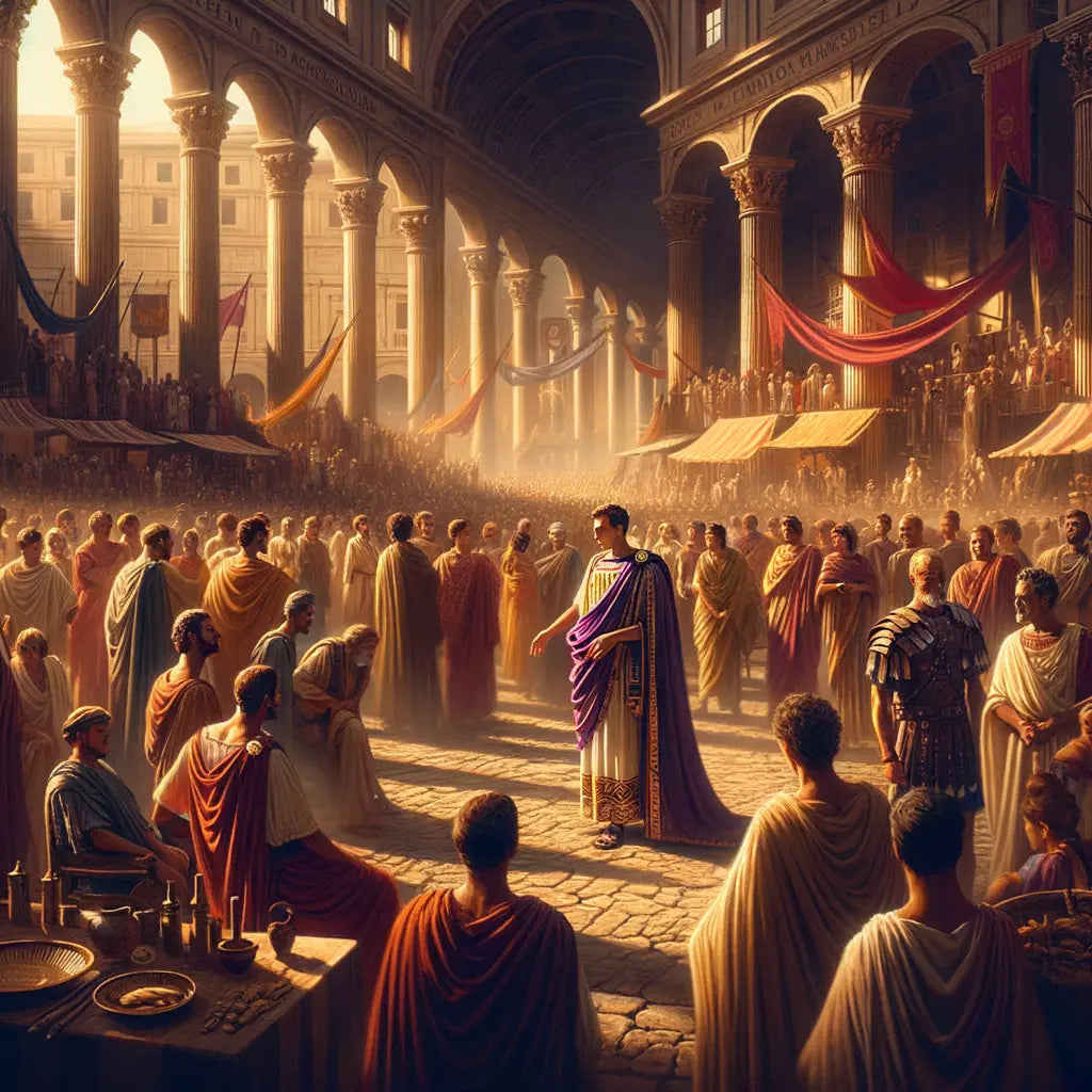 Julius Caesar in a toga praetexta stands in a vibrant Roman marketplace, surrounded by citizens in varied attires, with colorful textures highlighted, inspired by classic 1960s historical films.