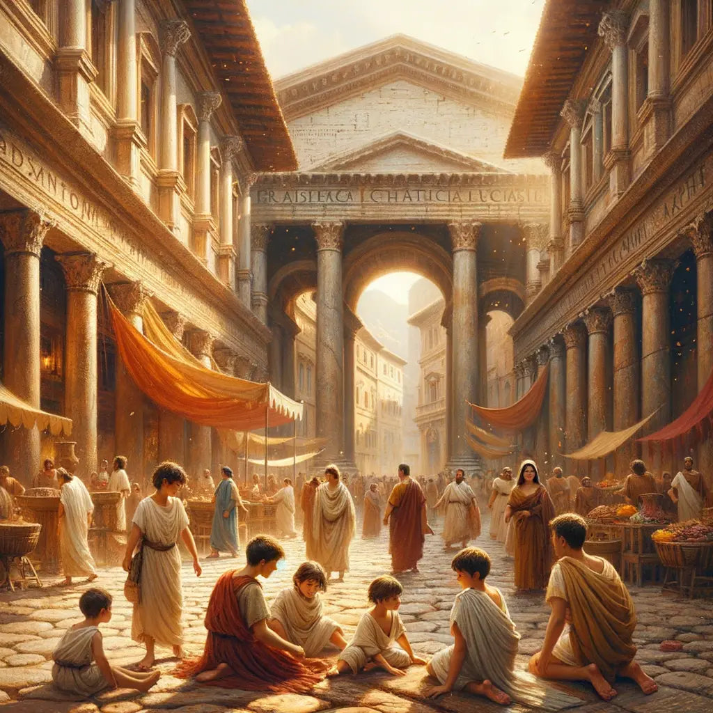 Lively street scene in ancient Rome with children in tunics and togas, set against a backdrop of Roman architecture, inspired by 1960s historical film style.