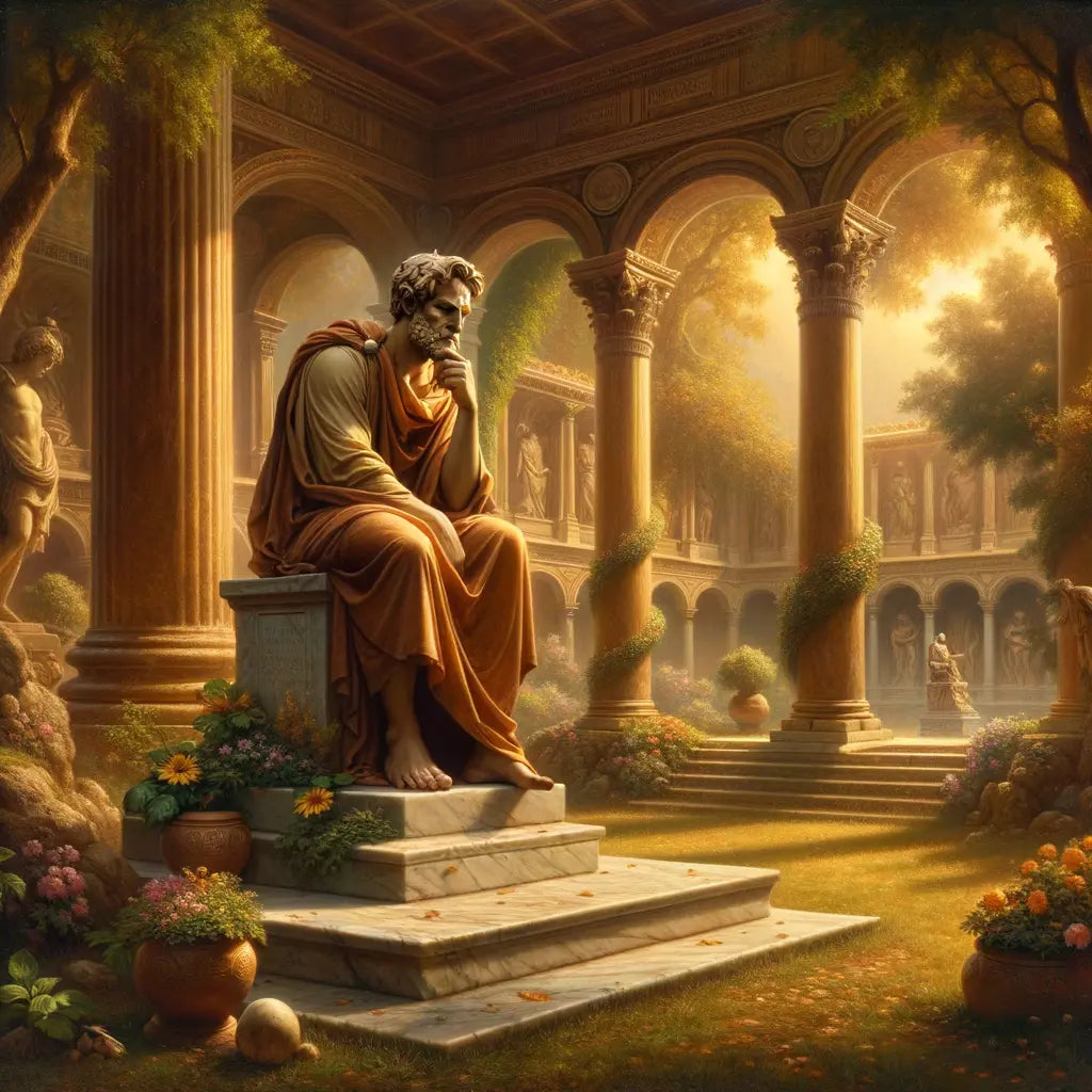 Marcus Aurelius in an ancient Roman garden, contemplating the interconnectedness of humanity and nature, painted in a style reminiscent of 1960s historical epics.