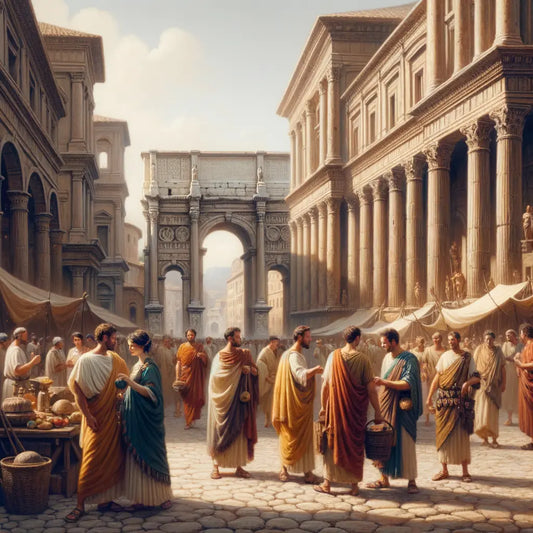 Ancient Roman men and women in tunicae with fibulae pins in a bustling street scene, evoking 1960s historical film style.