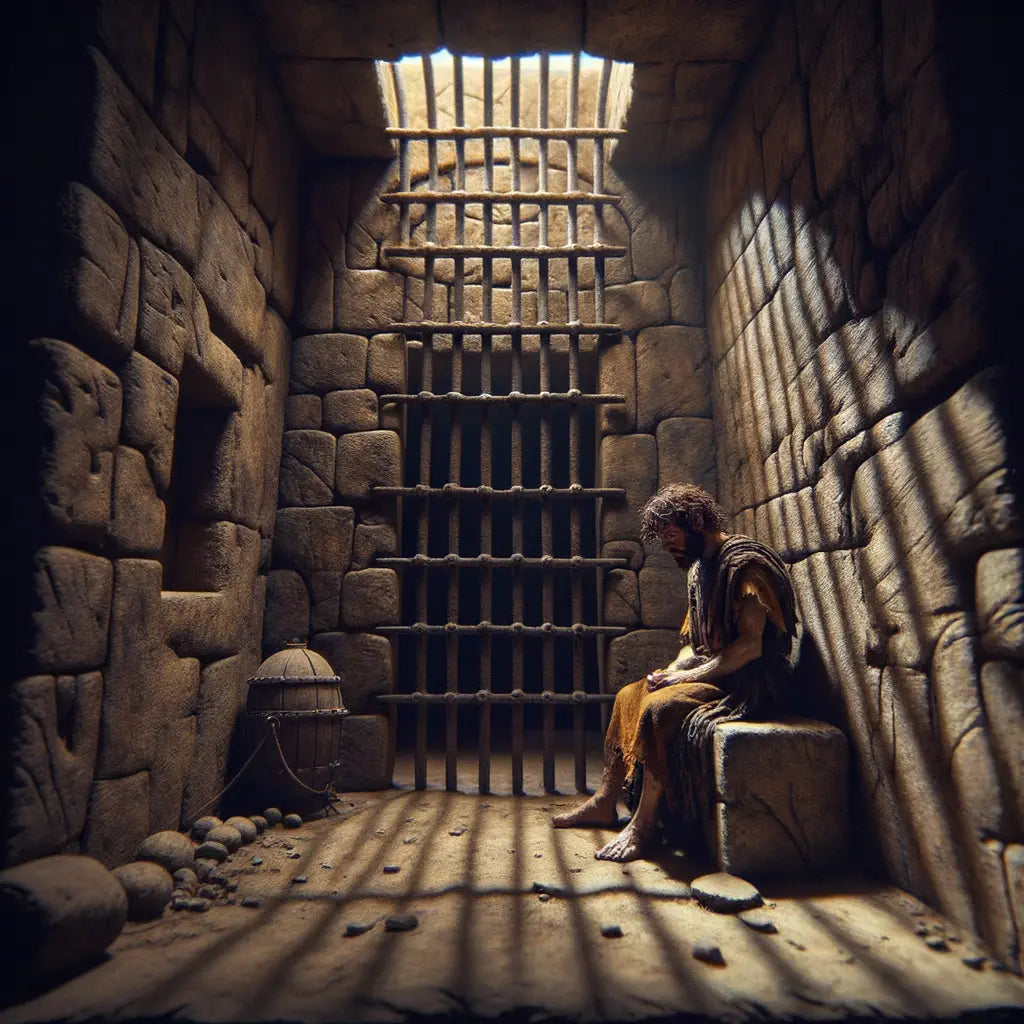 Ancient Roman prison cell with iron bars and stone walls, dimly lit, showing a captive in contemplative solitude, styled like a 1960s historical film.