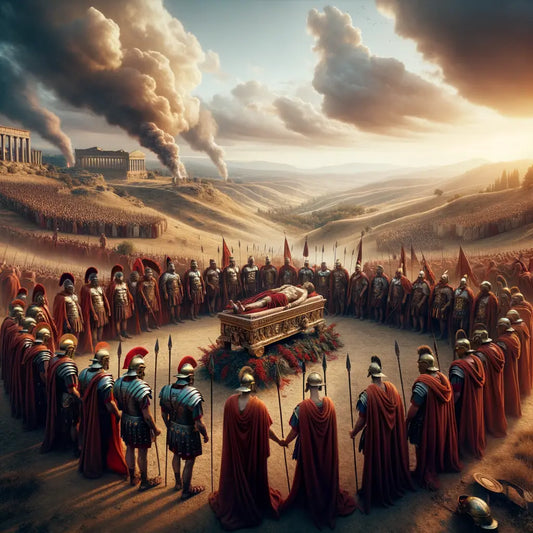 Roman soldiers gathered in solemn respect at a military funeral on a historic battlefield, evoking 1960s epic film style.