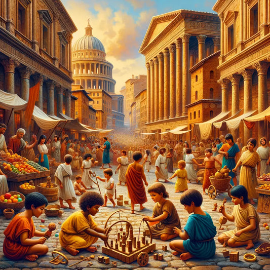 Roman children playing with toys in a lively ancient market street, surrounded by period architecture and vendors.