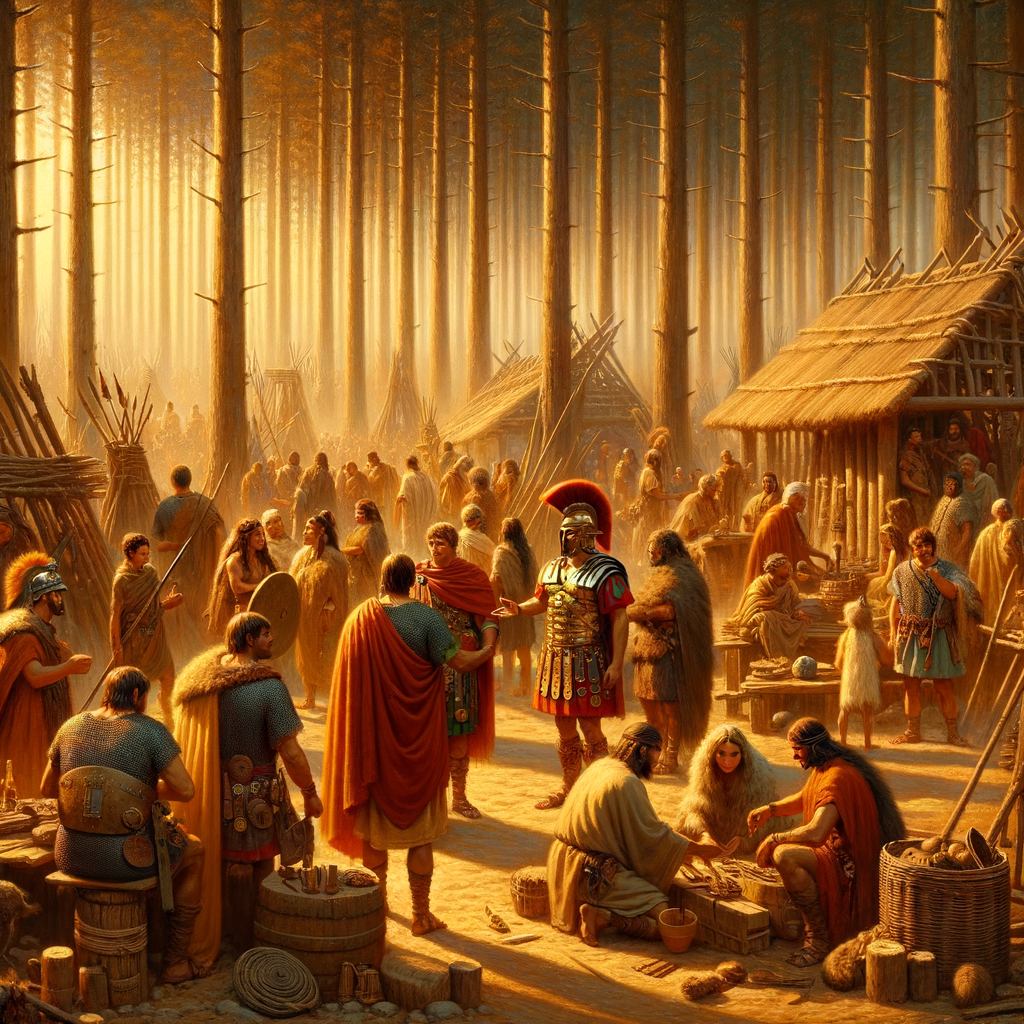 Roman soldiers and Germanic tribesmen exchanging goods in a forested village setting, evoking a classic 1960s historical film style.