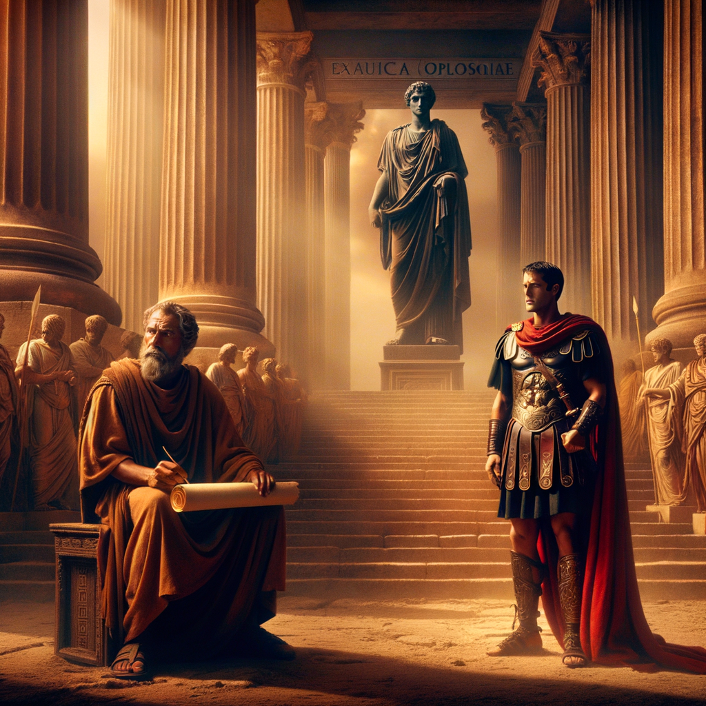 Roman soldier and Greek sage symbolizing Stoic philosophy, in a 1960s historical epic style painting.