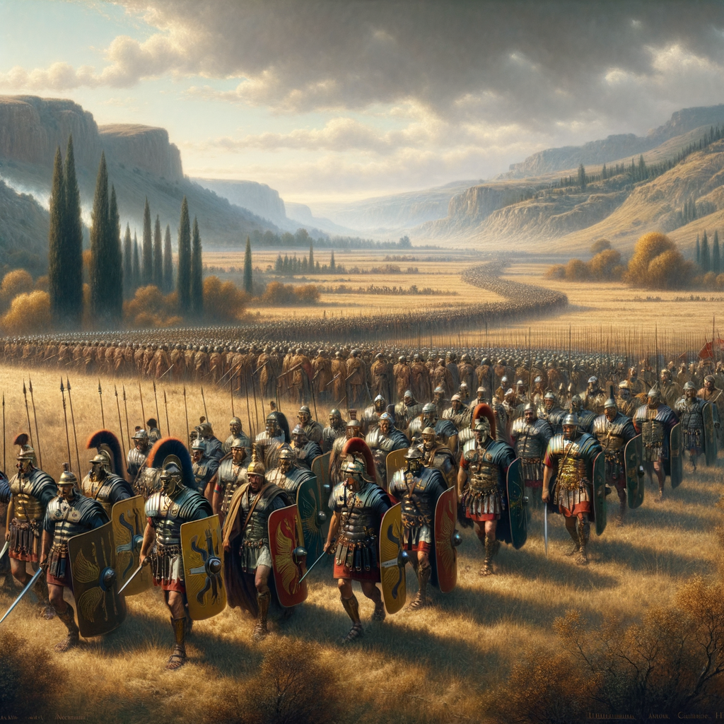 Roman legionaries in formation, led by centurions with distinctive crests, on an ancient battlefield, inspired by 1960s historical film style.