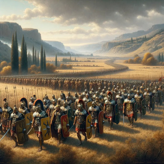 Roman legionaries in formation, led by centurions with distinctive crests, on an ancient battlefield, inspired by 1960s historical film style.