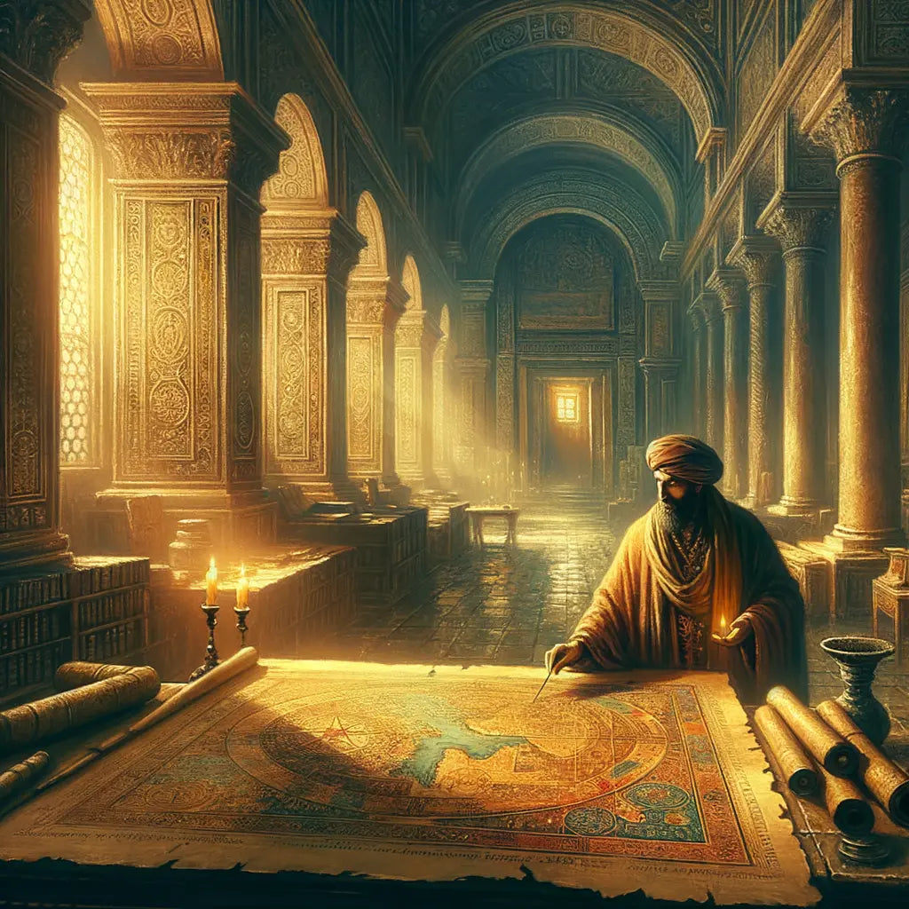 Ancient map with mysterious symbols in a Roman study, evoking the enigma of Euskara's origins, styled like a 1960s historical film.