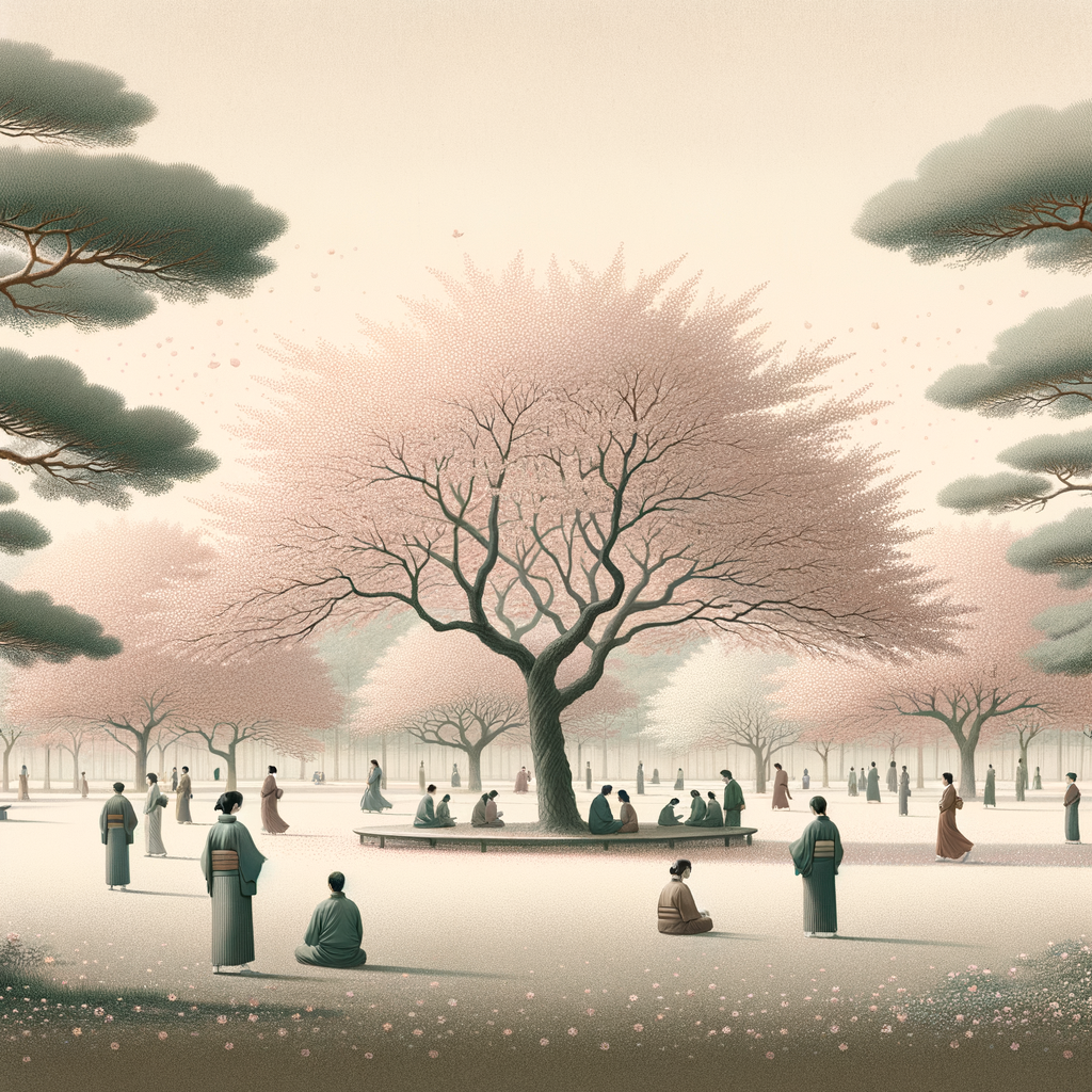 Gelassene Landschaft eines japanischen Parks während der Kirschblütenzeit mit sanft fallenden rosa Blütenblättern und Menschen, die Hanami unter den Bäumen genießen.