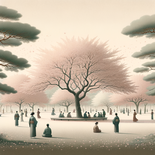 Gelassene Landschaft eines japanischen Parks während der Kirschblütenzeit mit sanft fallenden rosa Blütenblättern und Menschen, die Hanami unter den Bäumen genießen.