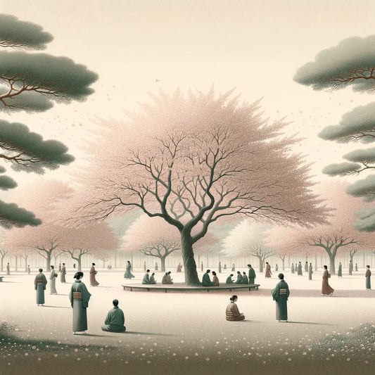 Gelassene Landschaft eines japanischen Parks während der Kirschblütenzeit mit sanft fallenden rosa Blütenblättern und Menschen, die Hanami unter den Bäumen genießen.