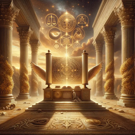 Ancient Roman scroll with Stoic symbols under a starry sky, surrounded by motifs of virtue and natural order, in classic 1960s epic painting style.