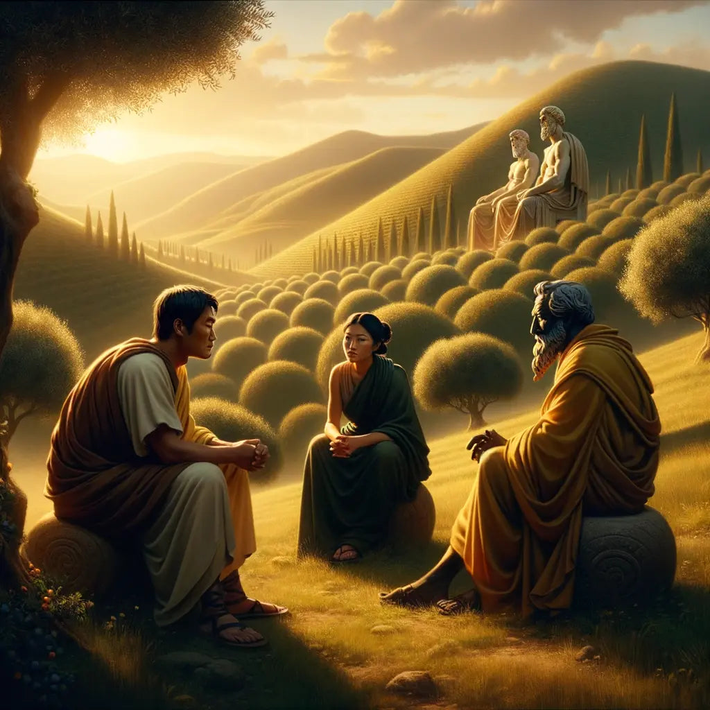 Ancient Greek philosophers in a serene landscape, embodying the timeless wisdom of Stoic philosophy, inspired by classic 1960s historical cinema.