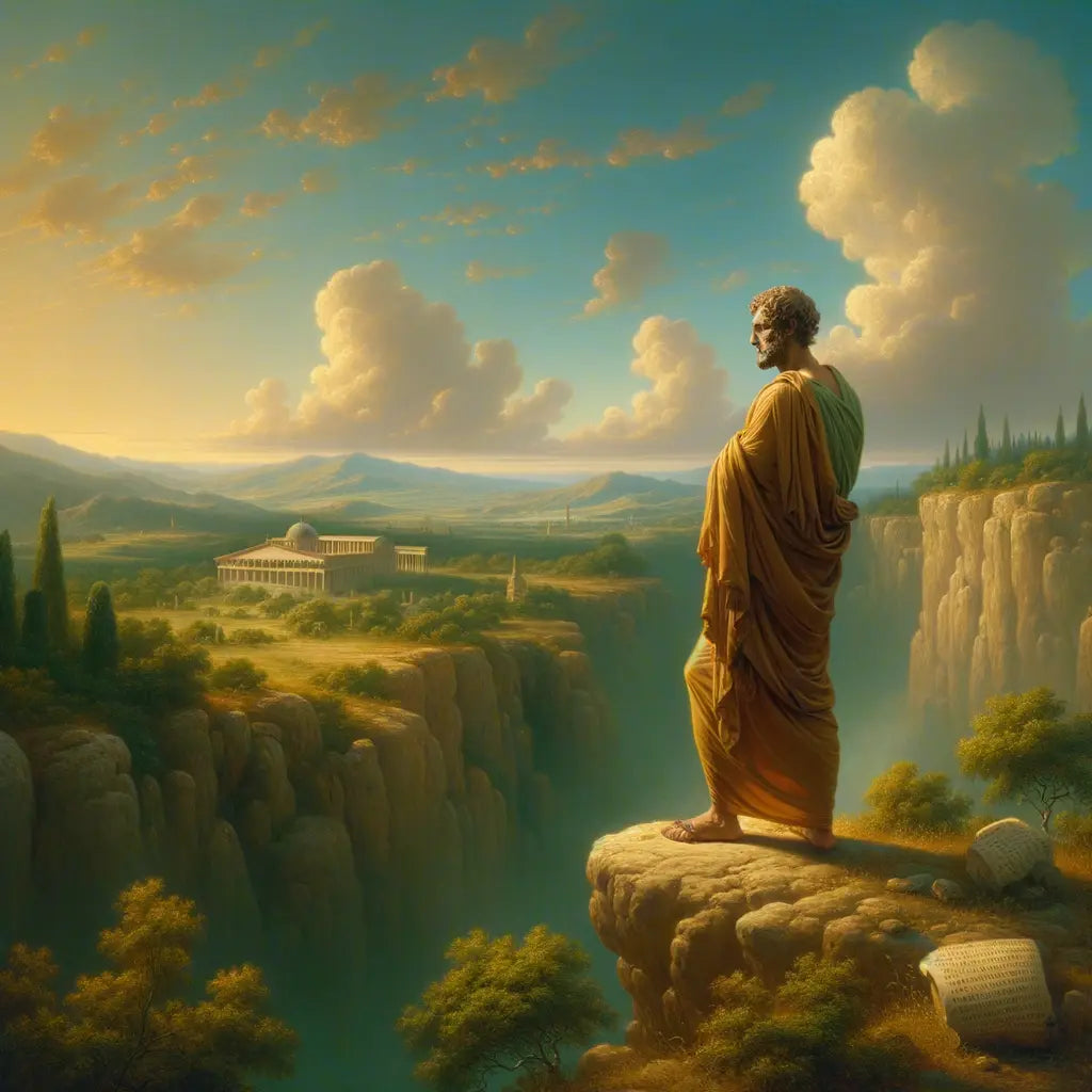 A Stoic philosopher, like Marcus Aurelius, stands in contemplation on a serene Roman cliffside, set in the style of 1960s epic films.