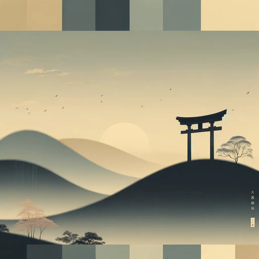 Eine traditionelle japanische Landschaft bei Sonnenaufgang mit einem einsamen Torii-Tor auf einem Hügel, umgeben von Kirschblüten und Morgennebel.