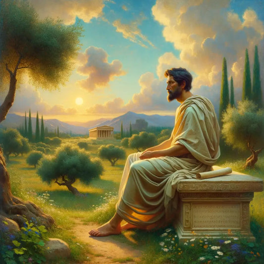Ancient Greek philosopher in contemplation amidst nature, embodying tranquility and wisdom, with classic architecture and serene landscape.