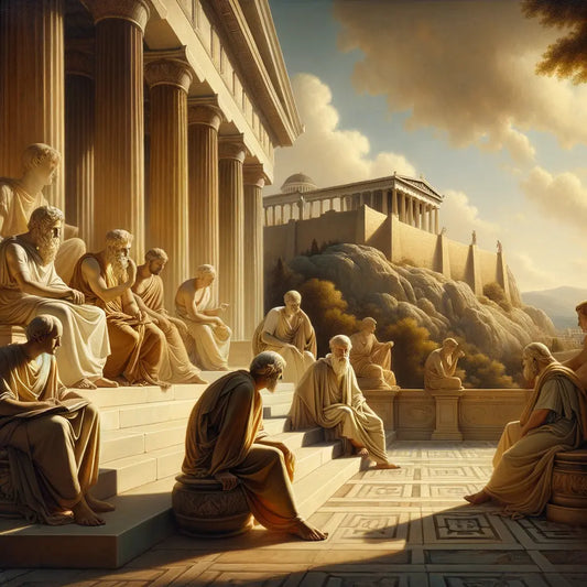 Ancient Greek philosophers, including Seneca, Epictetus, and Marcus Aurelius, engaged in conversation on a serene street in Athens, with classic architecture and warm sunlight inspired by 1960s historical films.