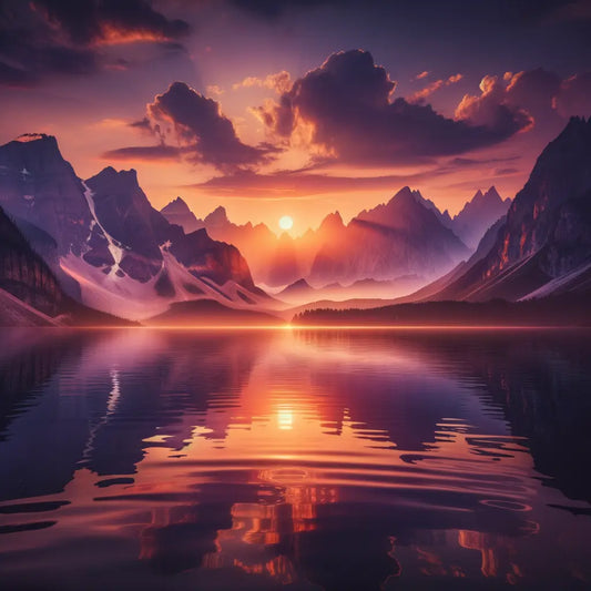 A beautiful sunset over a calm lake surrounded by mountains.