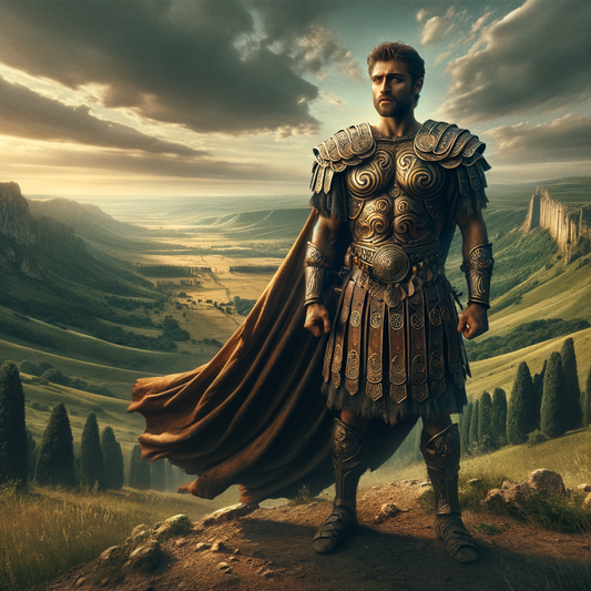 A Celtic warrior in detailed armor stands against a historic European landscape with rolling hills and a warm, golden sunset.