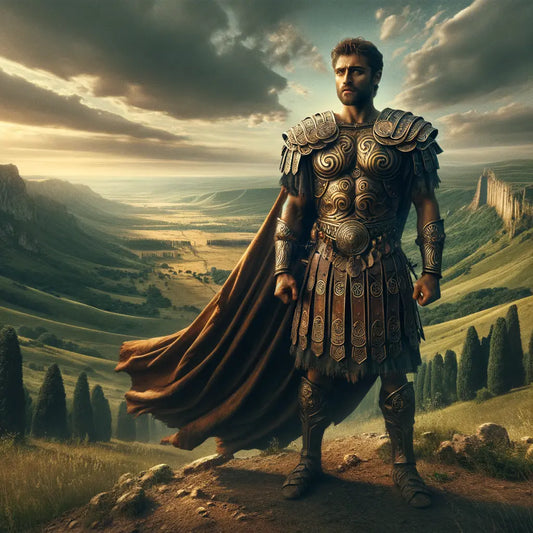 A Celtic warrior in detailed armor stands against a historic European landscape with rolling hills and a warm, golden sunset.
