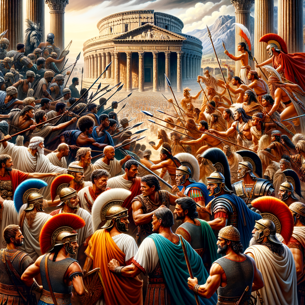 A Roman legion confronts Gallic tribes in an epic historical moment, illustrating detailed armor and cultural elements.