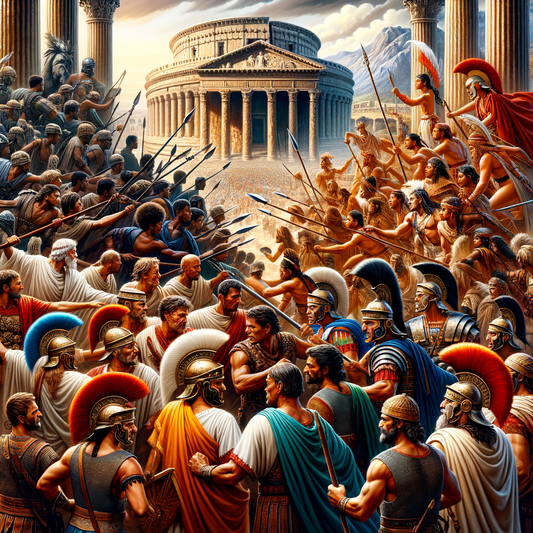 A Roman legion confronts Gallic tribes in an epic historical moment, illustrating detailed armor and cultural elements.
