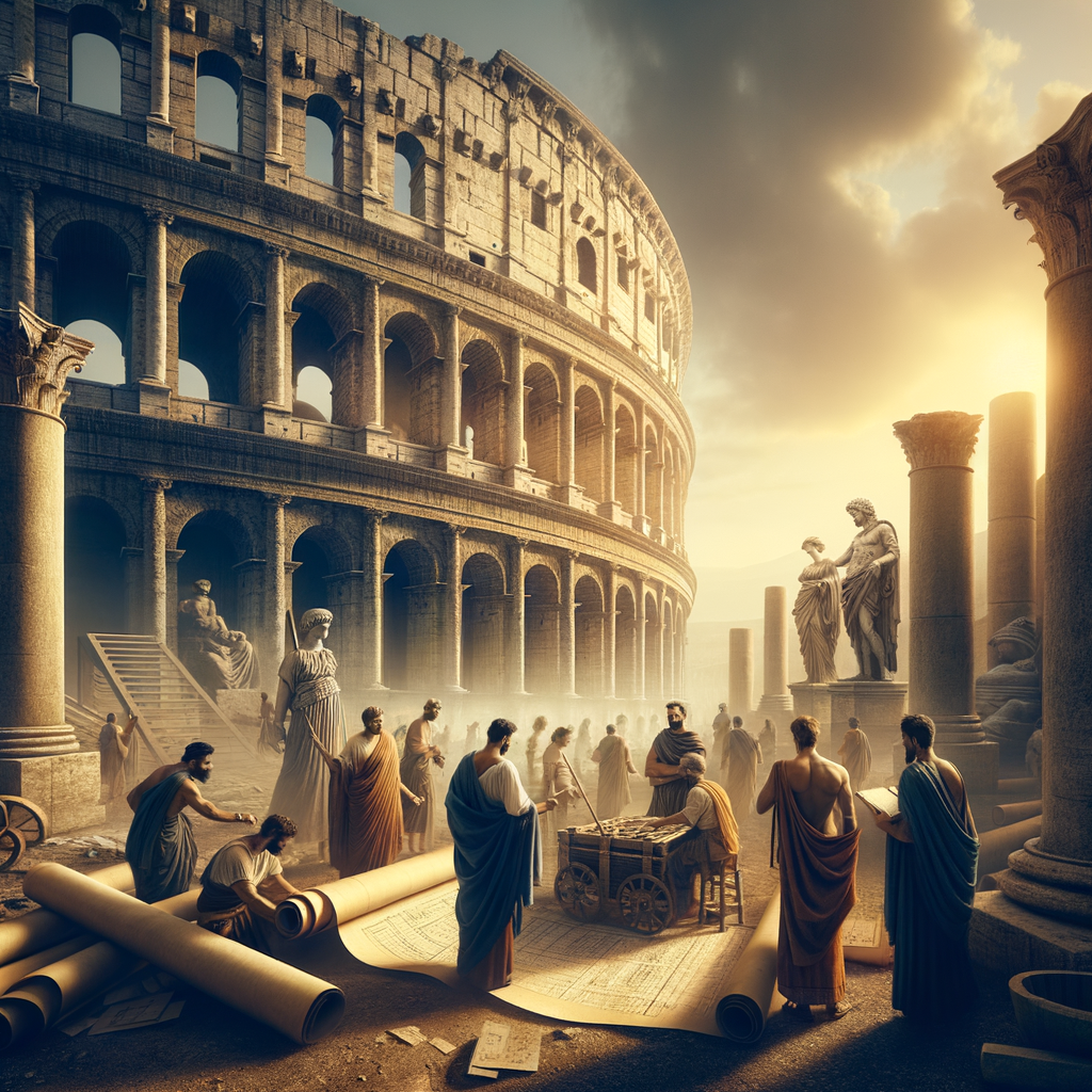 A vibrant illustration of the Colosseum's construction in ancient Rome, featuring numerous workers and intricate architectural details.