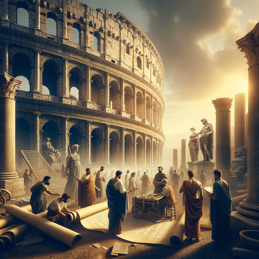 A vibrant illustration of the Colosseum's construction in ancient Rome, featuring numerous workers and intricate architectural details.