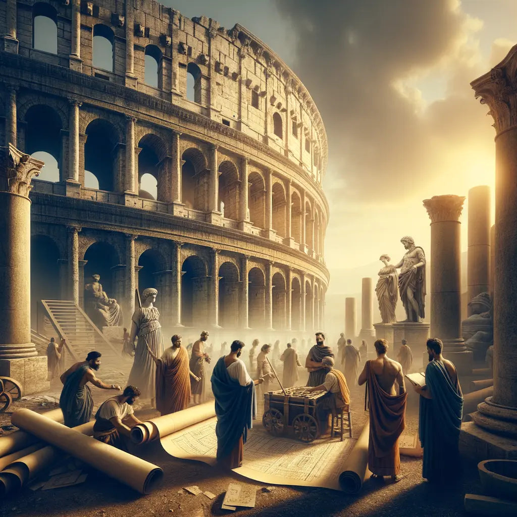 A vibrant illustration of the Colosseum's construction in ancient Rome, featuring numerous workers and intricate architectural details.