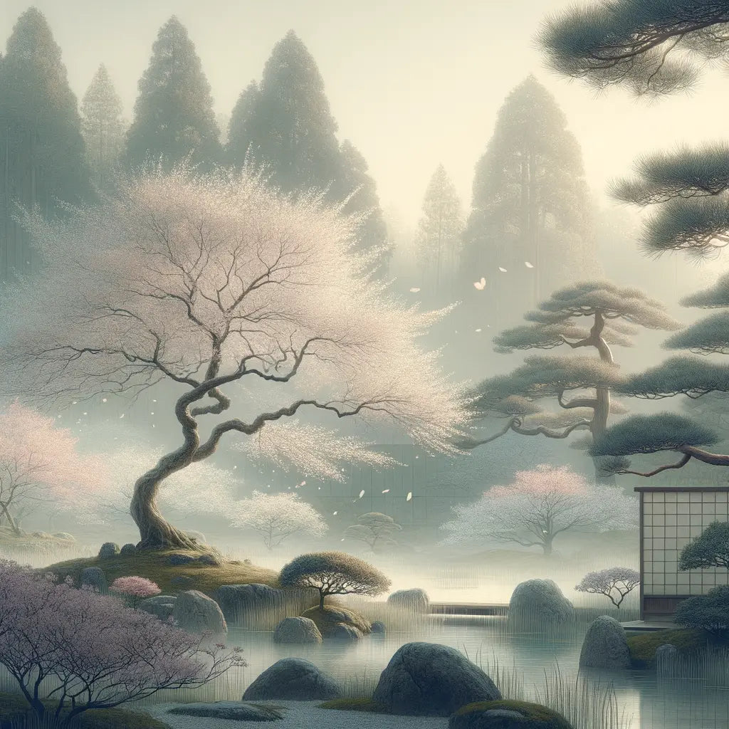 Zarte Kirschblütenbäume in voller Blüte während des Hanami-Festes, mit ruhigem Gartenhintergrund und sanftem Licht — minimalistisch und kulturell inspiriert.