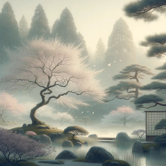 Zarte Kirschblütenbäume in voller Blüte während des Hanami-Festes, mit ruhigem Gartenhintergrund und sanftem Licht — minimalistisch und kulturell inspiriert.