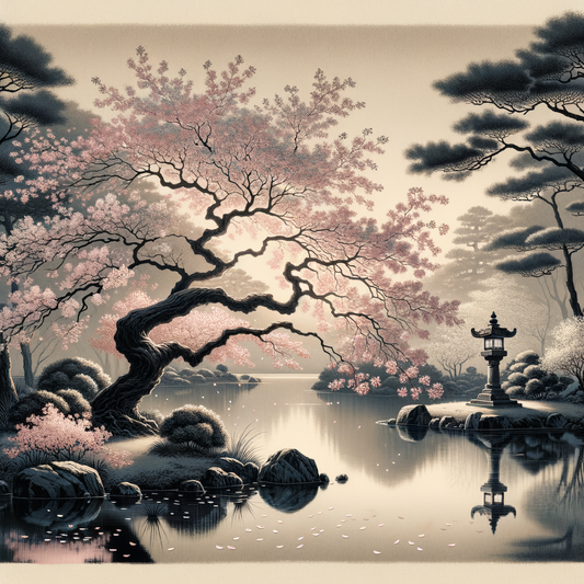 Japanischer Garten mit friedlichem Teich und fallenden Kirschblüten, die eine ruhige und erneuernde Atmosphäre schaffen.