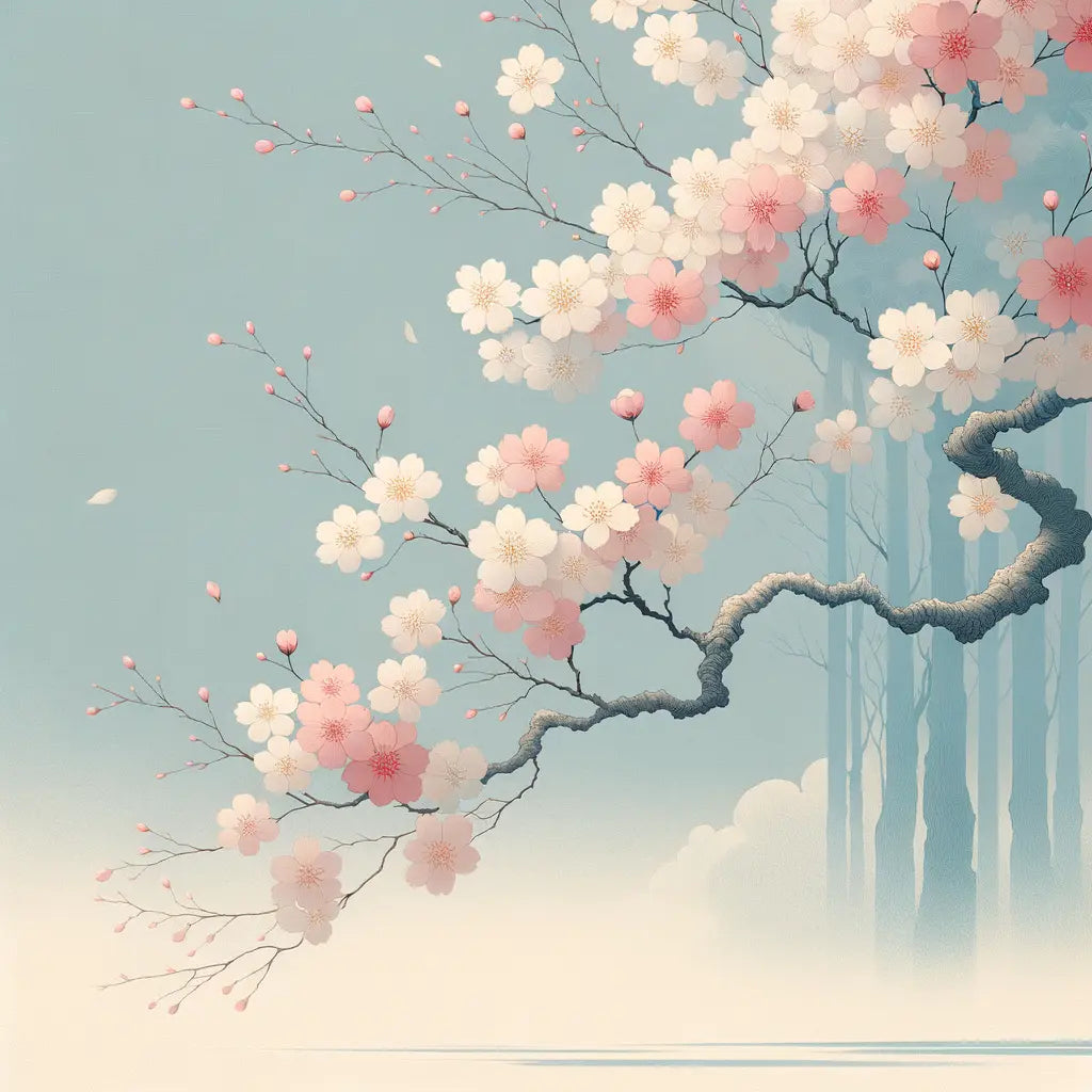 Japanische Kirschbäume in voller Blüte unter klarem blauen Himmel, mit sanft fallenden Blütenblättern - minimalistisch und unverfälscht in traditioneller Kunst.