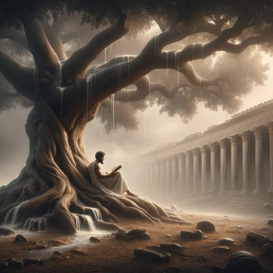 A Roman philosopher serenely reading a scroll under a tree during a rainstorm, symbolizing calmness and resilience, with distant Roman architecture in the background.