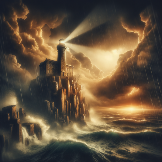 Solitary lighthouse against a stormy sky, evoking resilience in a style reminiscent of 1960s historical epics.