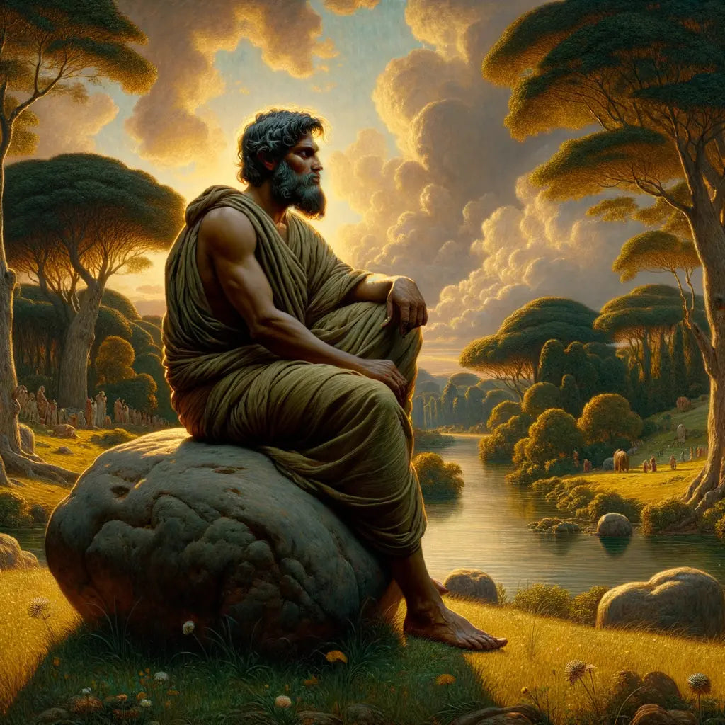 Philosopher in meditation on a rock beside a river, under a backdrop of meadows and trees, styled after the 1960s Roman historical epics.