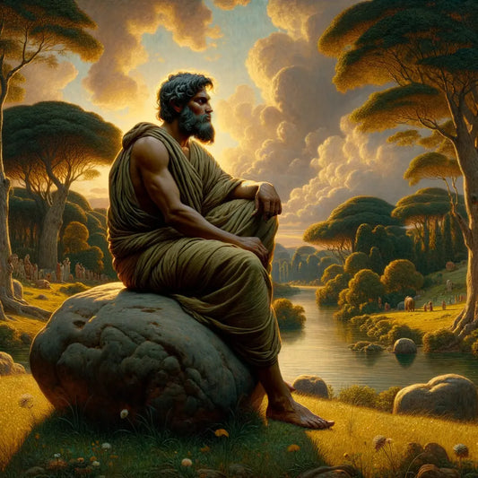 Philosopher in meditation on a rock beside a river, under a backdrop of meadows and trees, styled after the 1960s Roman historical epics.