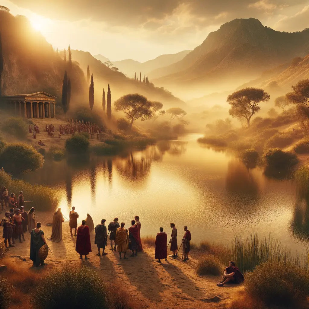 A serene lake backed by hills and scattered Roman structures, with figures reflecting tranquility in a 1960s historical film style.